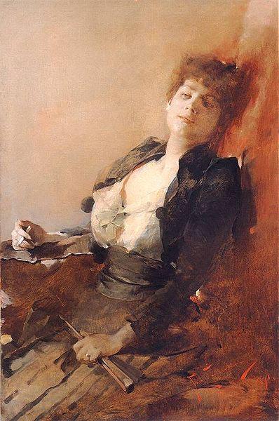Franciszek zmurko Portrait of a woman with a fan and a cigarette. Norge oil painting art